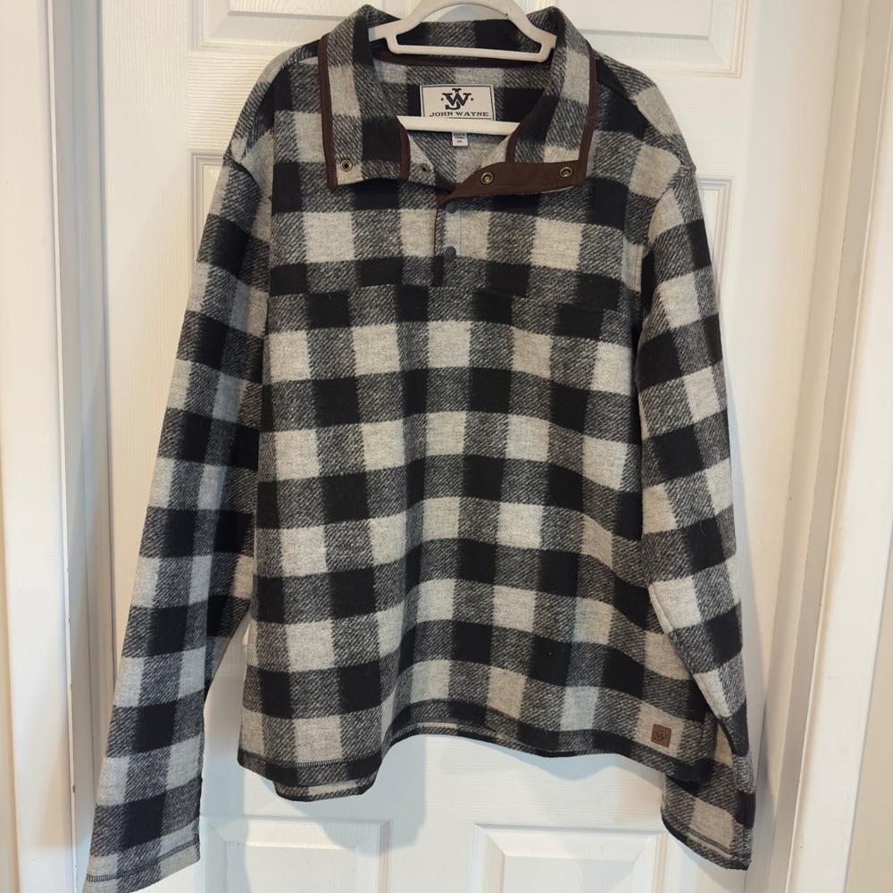 John Wayne Mens 2XL Buffalo Plaid Fleece Quarter Snap Pullover Grey Black